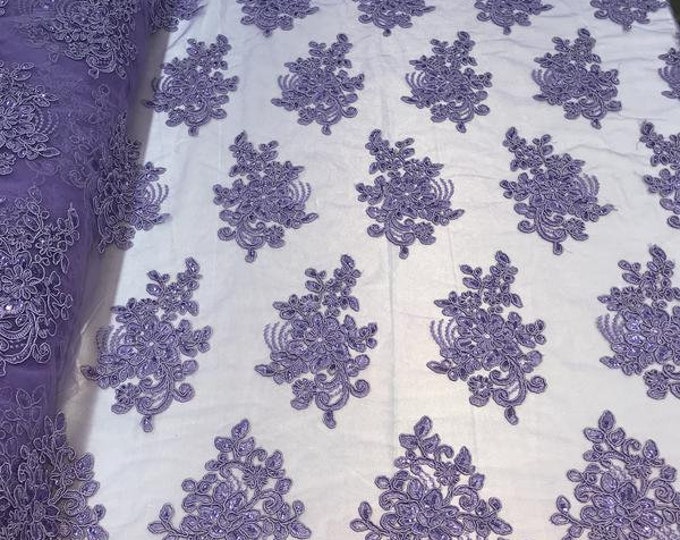 Flower Lace Fabric - Lilac Floral Clusters Embroidered Lace Mesh Fabric Sold By The Yard