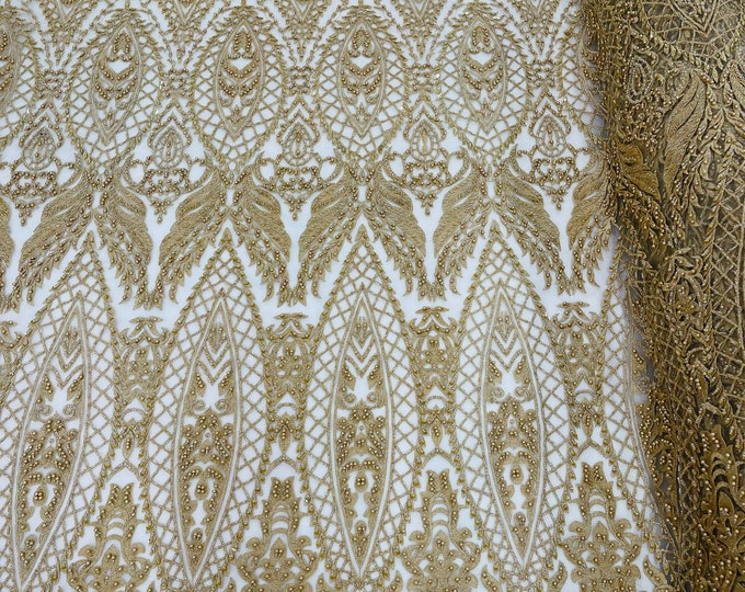 Gold Glam Damask Beaded Fabric, Embroidered Fashion Fabric with Beads Wedding Bridal Sold By Yard