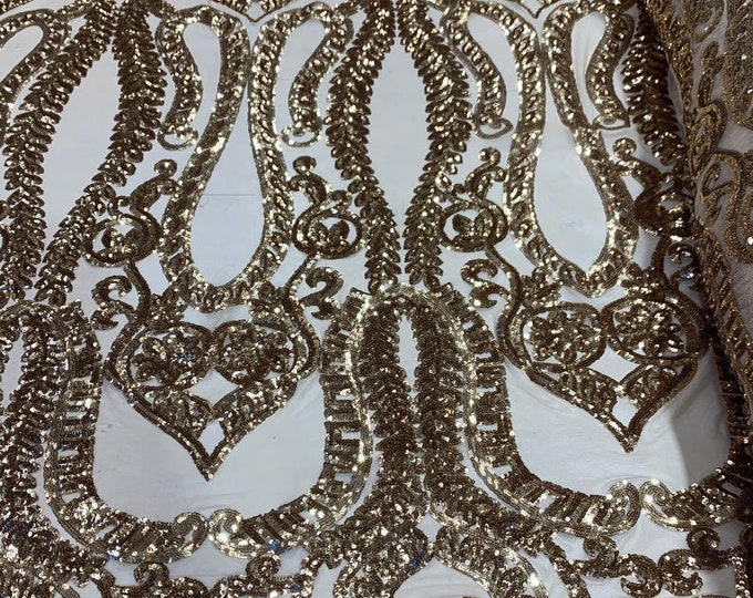 Gold Sequins Lace Fabric On Nude Mesh, DAMASK Design Embroidered On a Mesh 4 way Stretch Sequin By The Yard -Prom-Gown ( Choose The Size )