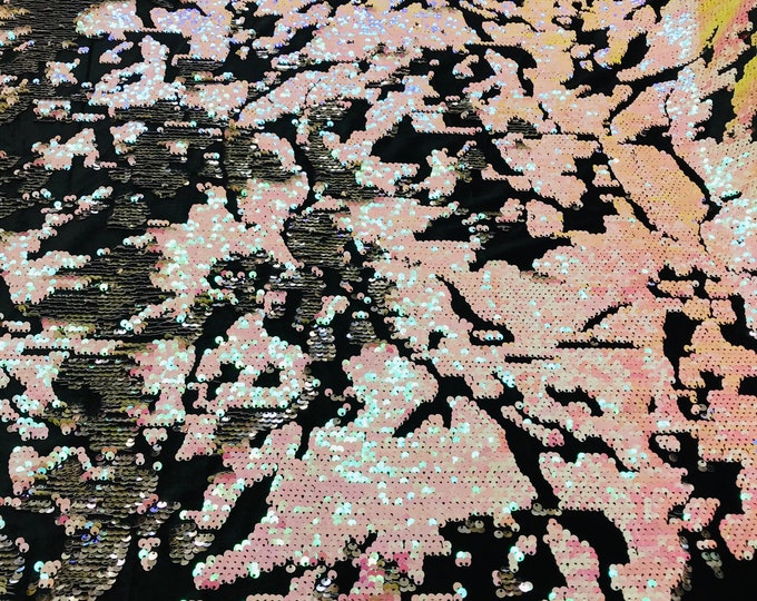 Iridescent Pink/Silver Sequin on Black Stretch Velvet, Reversible Sequins all Over 5mm Flip Sequins 2-way Stretch 60” (Choose The Quantity)