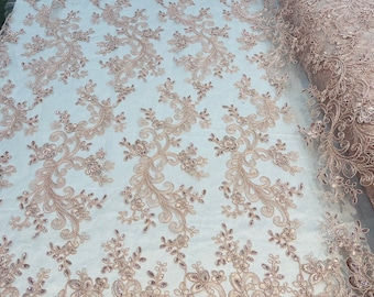 Blush Lace - Floral Lace Fabric, Embroidery With Sequins on a Mesh Lace Fabric By The Yard For Gown, Wedding-Bridal (Choose The Quantity)