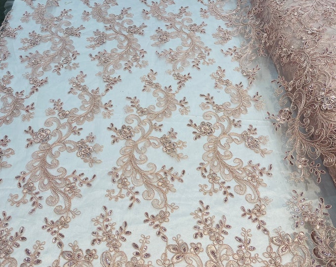 Blush Lace - Floral Lace Fabric, Embroidery With Sequins on a Mesh Lace Fabric By The Yard For Gown, Wedding-Bridal (Choose The Quantity)