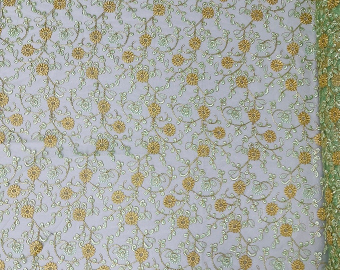 Metallic Gold Flowers With Mint Leaves Embroidered on Mint Tulle, Corded Lace Fabric by the yard - Multi Colors Floral Design (Pick a Size)
