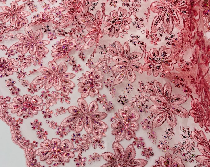 Dusty Pink Metallic Corded Floral Lace Fabric by the yard: Embroider With Holographic Sequins Fabric