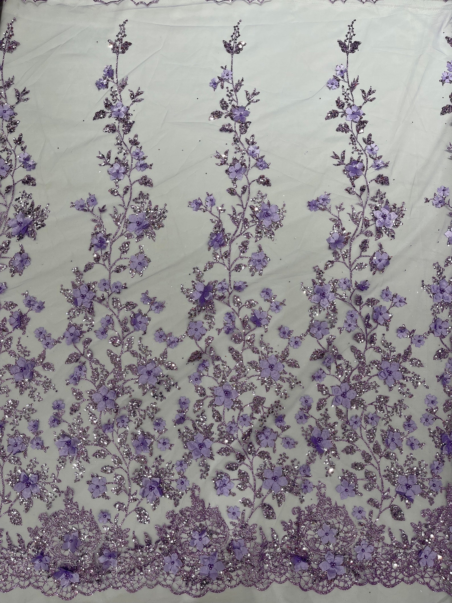 Lilac 3D Flower Glitter Sequin Fabric by the Yard, 3D Floral Glitter ...