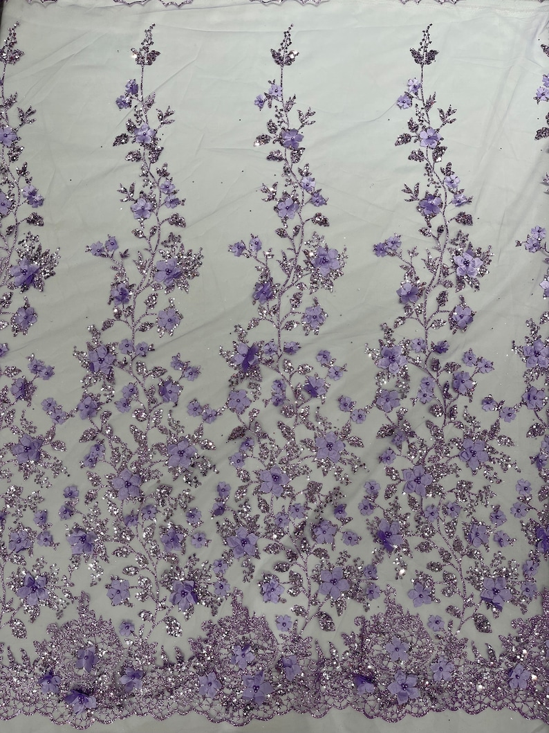 Lilac 3D Flower Glitter Sequin Fabric by the Yard, 3D Floral Glitter ...
