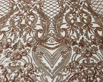 Rose Gold Sequin Damask Fabric – Selena Design, 4-Way Stretch Lace Mesh