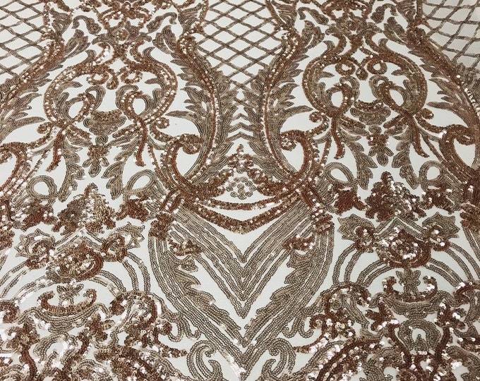 Rose Gold Sequin Damask Selena Design on a 4 Way Stretch Sequin Lace Mesh - Prom Gala Gown Fabric By Yard