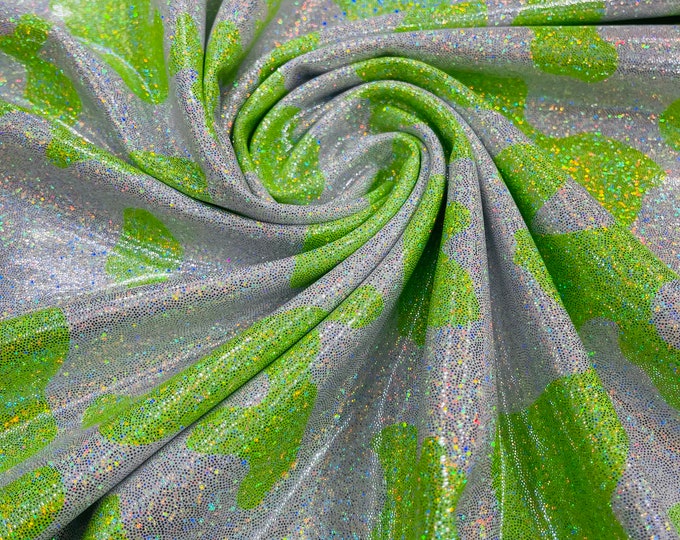 Lime Green Cow Holographic Print Poly Spandex Fabric: 60" Wide