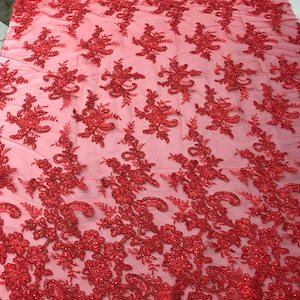 Red Flower Lace Fabric - Floral Clusters Embroidered With sequins on a Mesh Lace Fabric Sold By The Yard
