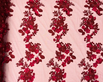 Burgundy 3D Floral Lace Fabric with Pearls: Bridal Wedding Lace
