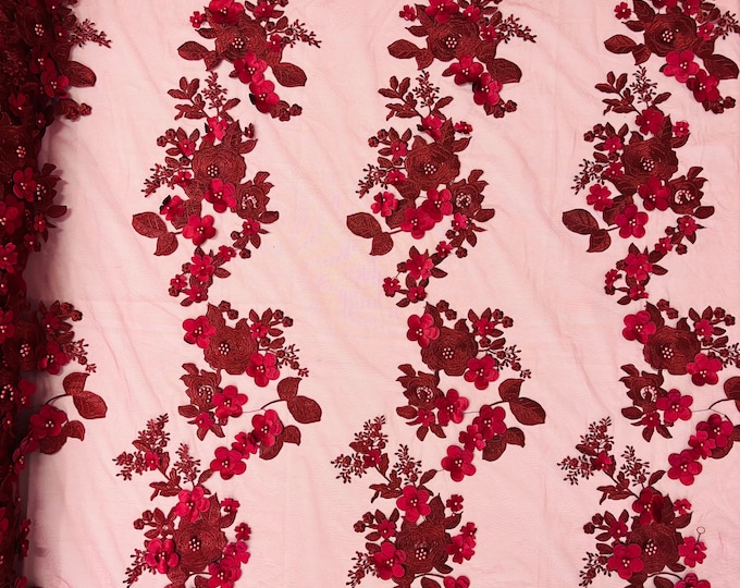 Mia Fabrics Inc, Burgundy 3D Floral-Flower With Pearl, Bridal Lace 3D Flower Wedding Lace by the Yard (Pick a Size)