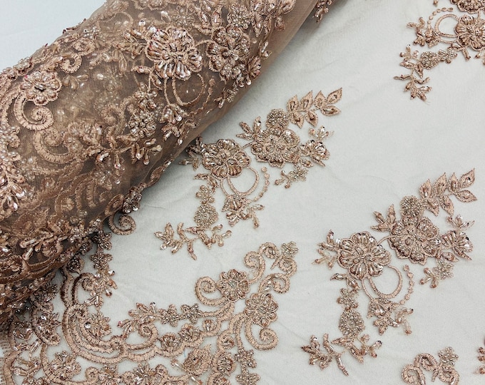 Coffee Floral Cluster Beaded Fabric - Embroidered Flower Beaded Fabric Wedding Bridal Sold By The Yard