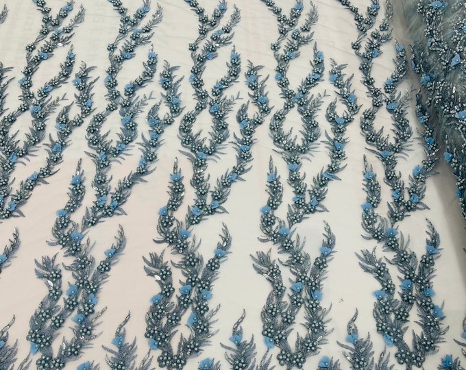 Baby Blue Beaded Fabric - Embroidered Flower Beaded Fabric Wedding Bridal Sold By Yard