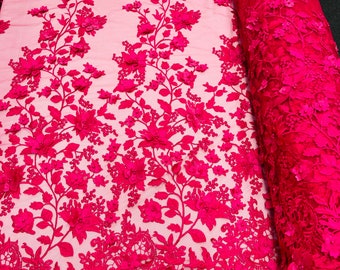 Fuchsia 3D Floral Design Embroider and Beaded With Pearls On a Mesh Lace-Prom-Dresses-Nightgown-Apparel-Fashion By The Yard
