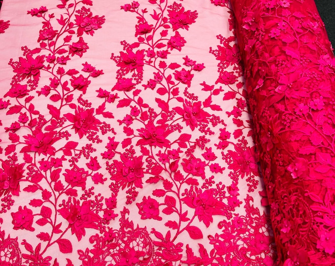 Fuchsia 3D Floral Design Embroider and Beaded With Pearls On a Mesh Lace-Prom-Dresses-Nightgown-Apparel-Fashion By The Yard
