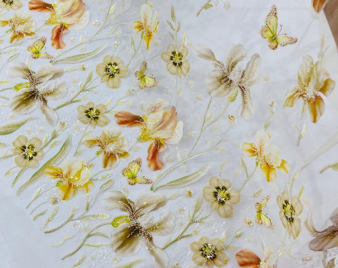 Yellow Magnolia 3D Flower Beaded Sequin Fabric: Embroidered Butterfly Mesh Bridal Wedding Appliqué