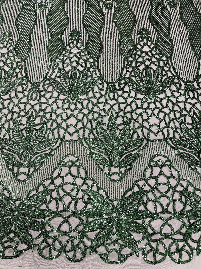 Hunter Green Sequin Fabric Floral Damask Design on a 4 Way - Etsy