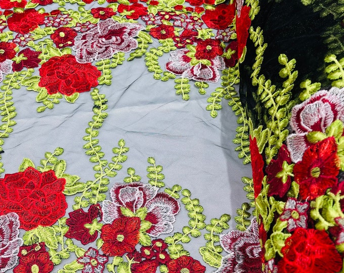 Multi Color Floral Design Lace Fabric - by the yard - Embroidered on Black Mesh Lace Fabric, Floral Bridal Lace Wedding
