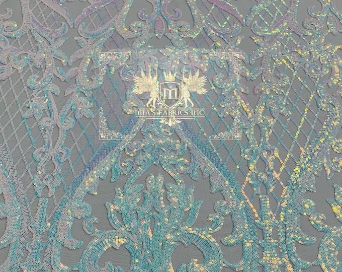 Blue/White Iridescent Sequins Fabric | White 4Way Stretch Mesh | Embroidered Damask Design With Iridescent Sequin Lace Prom-Gown by the yard