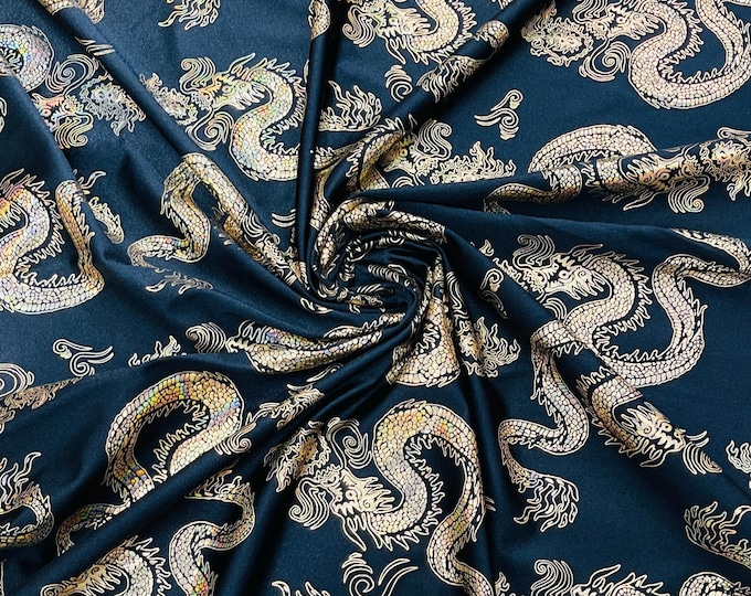 Black Gold Dragon Printed Spandex Fabric By The Yard | Dragon Design Nylon Spandex Fabric 4 Way Stretch 60”