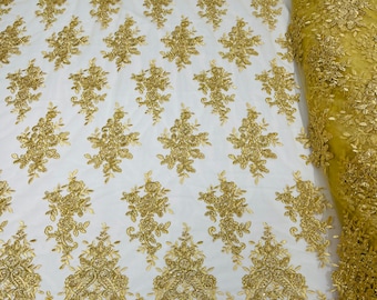 Gold Floral Sequin Lace Fabric, Embroidered Mesh, Bridal Wedding Gown By The Yard
