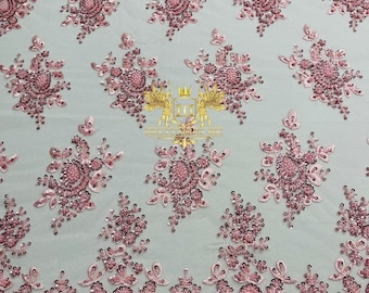 Pink Floral Beaded Sequins Lace Fabric | Bridal Embroidery