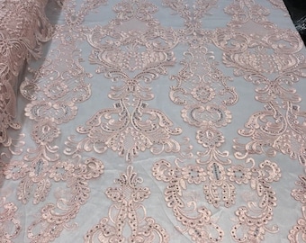 Pink Corded Flower Embroidery, Sequined Mesh Lace Fabric, Bridal Gown