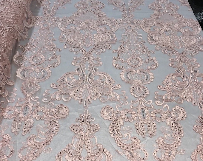 Pink Fabric, Corded Flower Embroidery With Sequins on a Mesh Lace Fabric By The Yard For Gown, Wedding-Bridal-Dress