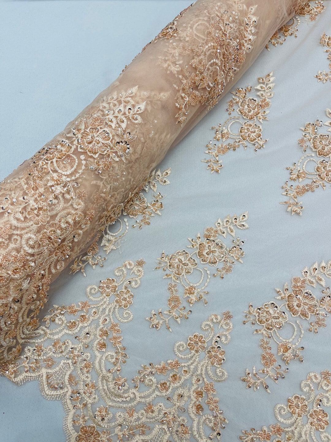 Blush Floral Embroidered Beaded Fabric: Bridal Wedding Lace - Etsy