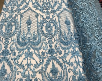 Blue Beaded Fabric - by yard - Embroidered Damask Pattern With Pearls and Beads on Mesh Lace Fabric Wedding