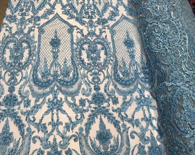 Blue Beaded Fabric - by yard - Embroidered Damask Pattern With Pearls and Beads on Mesh Lace Fabric Wedding