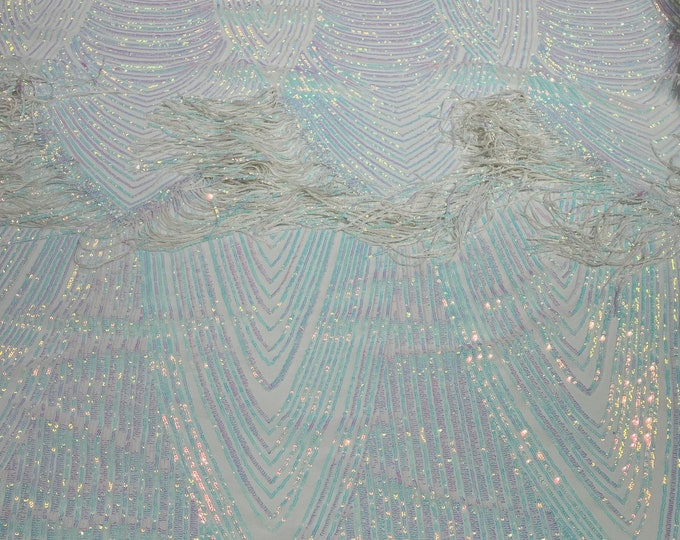 Iridescent aqua Fringe Sequins on Power Mesh, Fringe Design Embroidered on 4 Way Stretch Fancy Sequin ( Choose The Size )