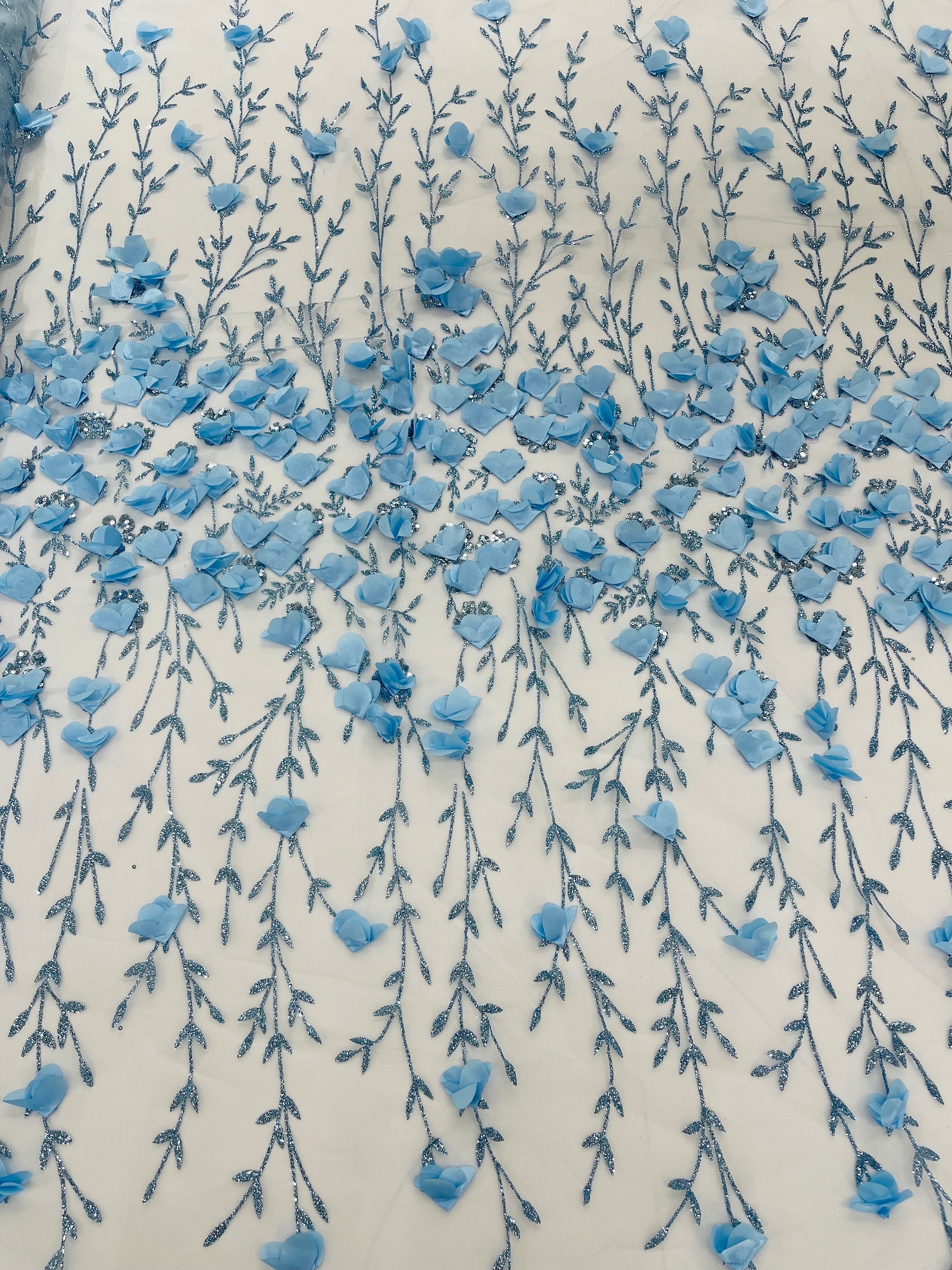 Baby Blue 3D Flower Sequin Fabric, Glitter Floral Mesh, Wedding Dress ...