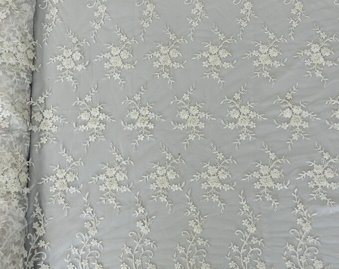 White Beaded Sequins Fabric, Embroidery With Beaded Sequin on a Mesh, Floral Bridal Lace Fabric by the yard (Pick a size )