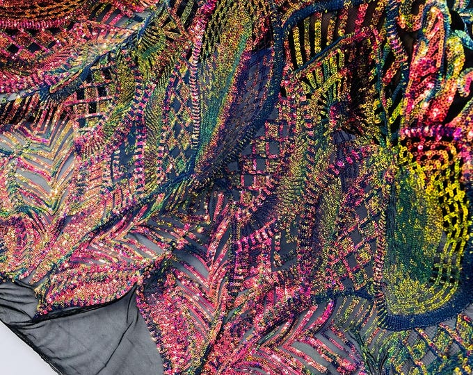 Rainbow Iridescent Sequin Fabric, Royalty Design Embroidered With Sequin on a 4 Way Stretch Sequin Fabric Mesh-Prom-Gown By The Yard