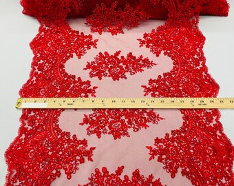 Red Floral Lace Fabric: Embroidered Sequins on Mesh, 21" Wide - By The Yard
