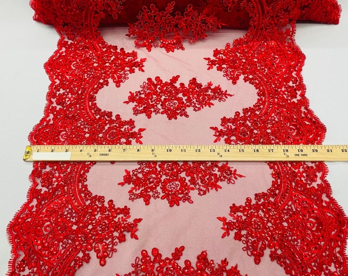 Red Floral Lace Fabric For Runner - by the yard - Embroidery With Sequins on a Mesh Lace Fabric For Wedding-Bridal