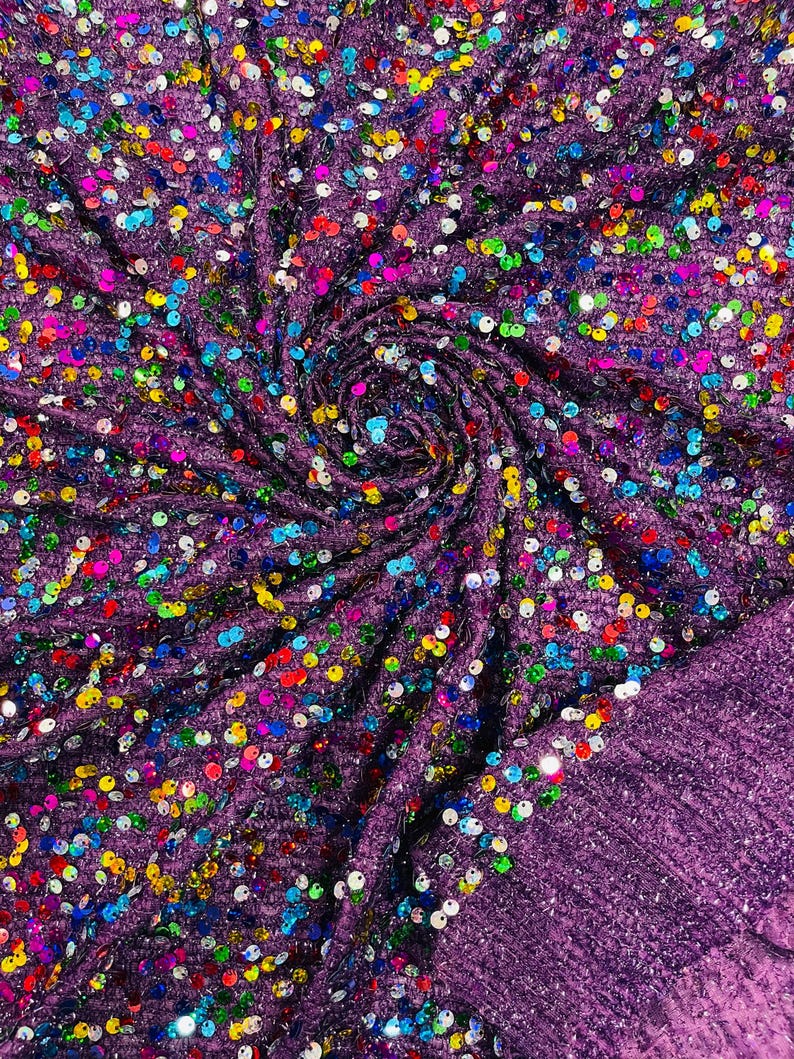 Sequins Color Multi Color Hologram Sequin Fabric on Purple Fabric: Confetti Sequins ...