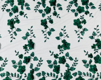 Hunter Green 3D Floral Lace with Pearls - Bridal Wedding Fabric