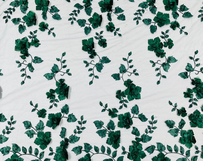 Hunter Green 3D Floral-Flower With Pearl, Bridal Lace 3D Flower Wedding Lace by the Yard, Bridal 3D Floral (Pick a Size)