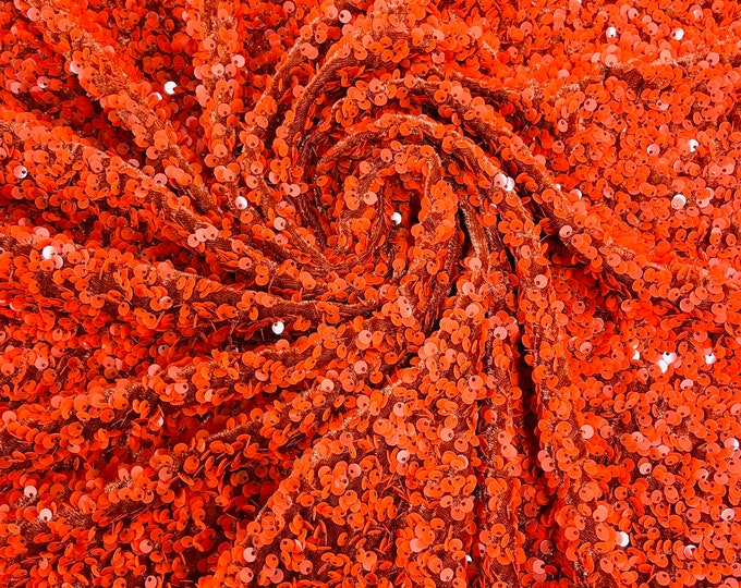 Burnt Orange Sequin on Stretch Velvet With Sequins all Over 5mm Sequins 2-way Stretch 58/60” (Choose The Quantity)