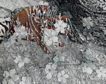 Silver/Black 3D Flower Glitter Sequin Fabric by the yard, 3D Floral Glitter Sequin On Mesh for wedding dress Quinceañera