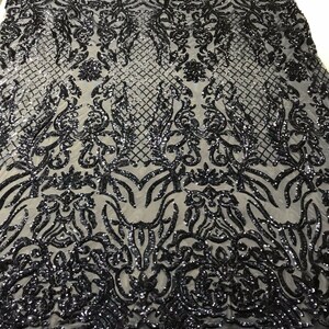 Navy Damask Sequin Fabric: Embroidered 4-Way Stretch Spandex, Prom Gown Material