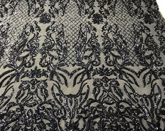 Navy Damask Sequin Fabric: Embroidered 4-Way Stretch Spandex, Prom Gown Material