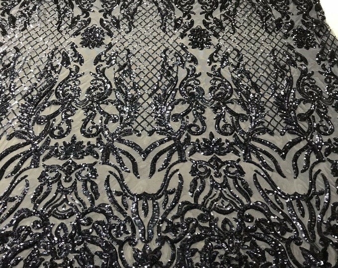 Navy Sequin -  Luxury Damask Design Embroidered Spandex 4way Stretch Sequin By Yard -Prom-Gown ( Choose The Size )