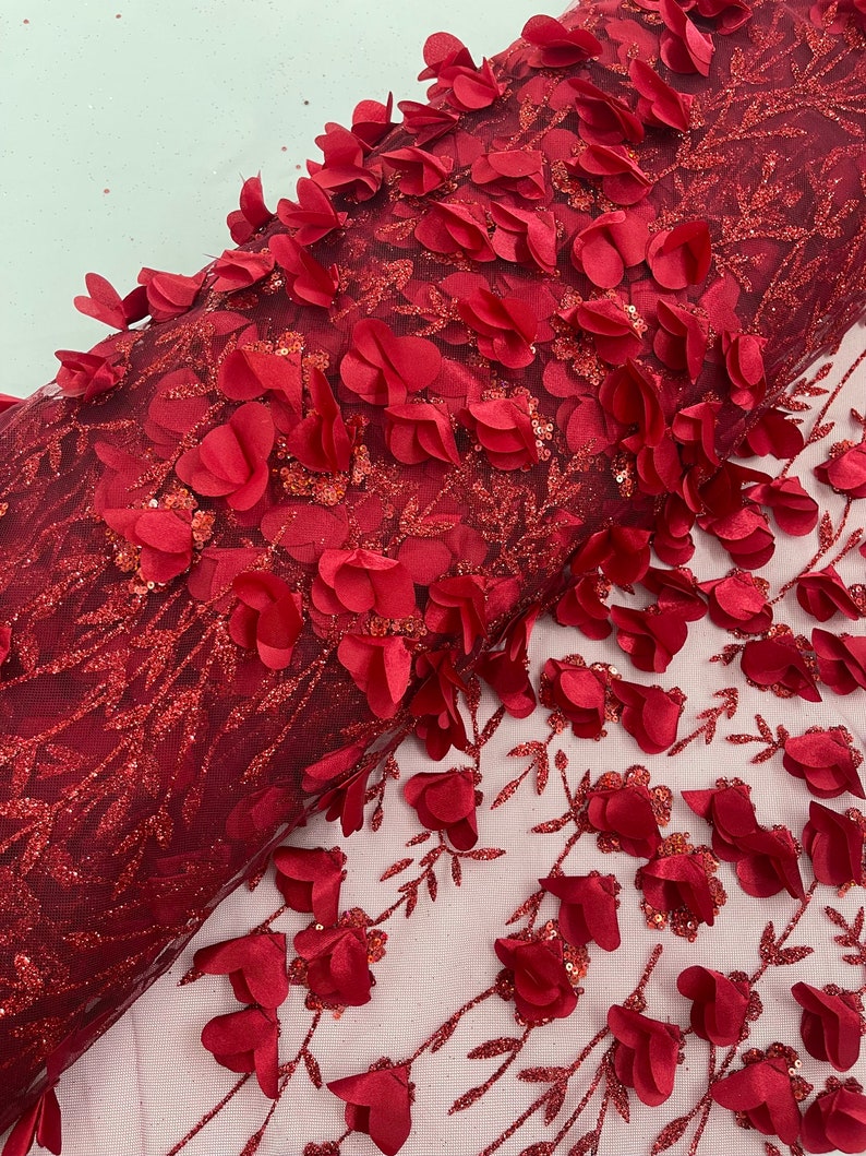 Burgundy 3D Flower Sequin Fabric, Glitter Floral Mesh, Wedding Dress - Etsy