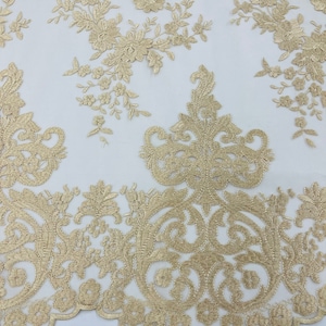 CHAMPAGNE Damask Design Embroidered on Mesh Lace Fabric, Floral Bridal Lace Wedding Dress by the Yard (Pick a Size)