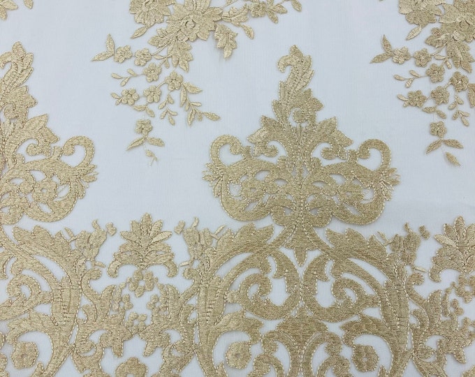 CHAMPAGNE Damask Design Embroidered on Mesh Lace Fabric, Floral Bridal Lace Wedding Dress by the Yard (Pick a Size)