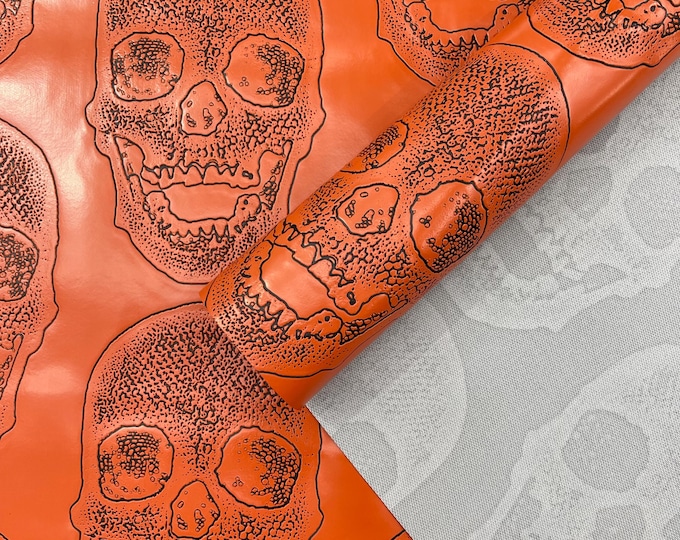 Orange Skull Embossed Fake Leather Upholstery, By The Yard Skull Faux Fake Leather Vinyl Fabric, Embossed Skull Fabric Vinyl